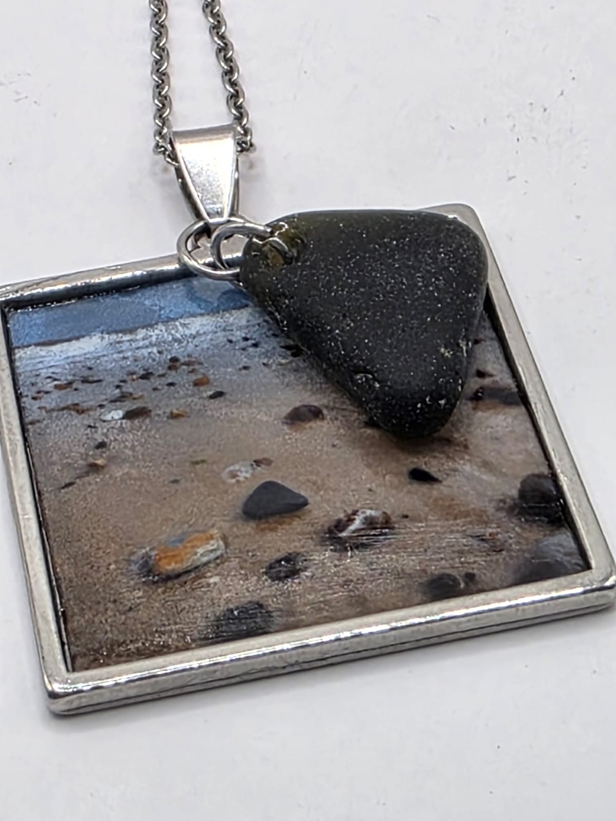 Real Sea Glass Pendant Necklace with Found Location Beach Photo, Stainless Steel Chain and Bezel