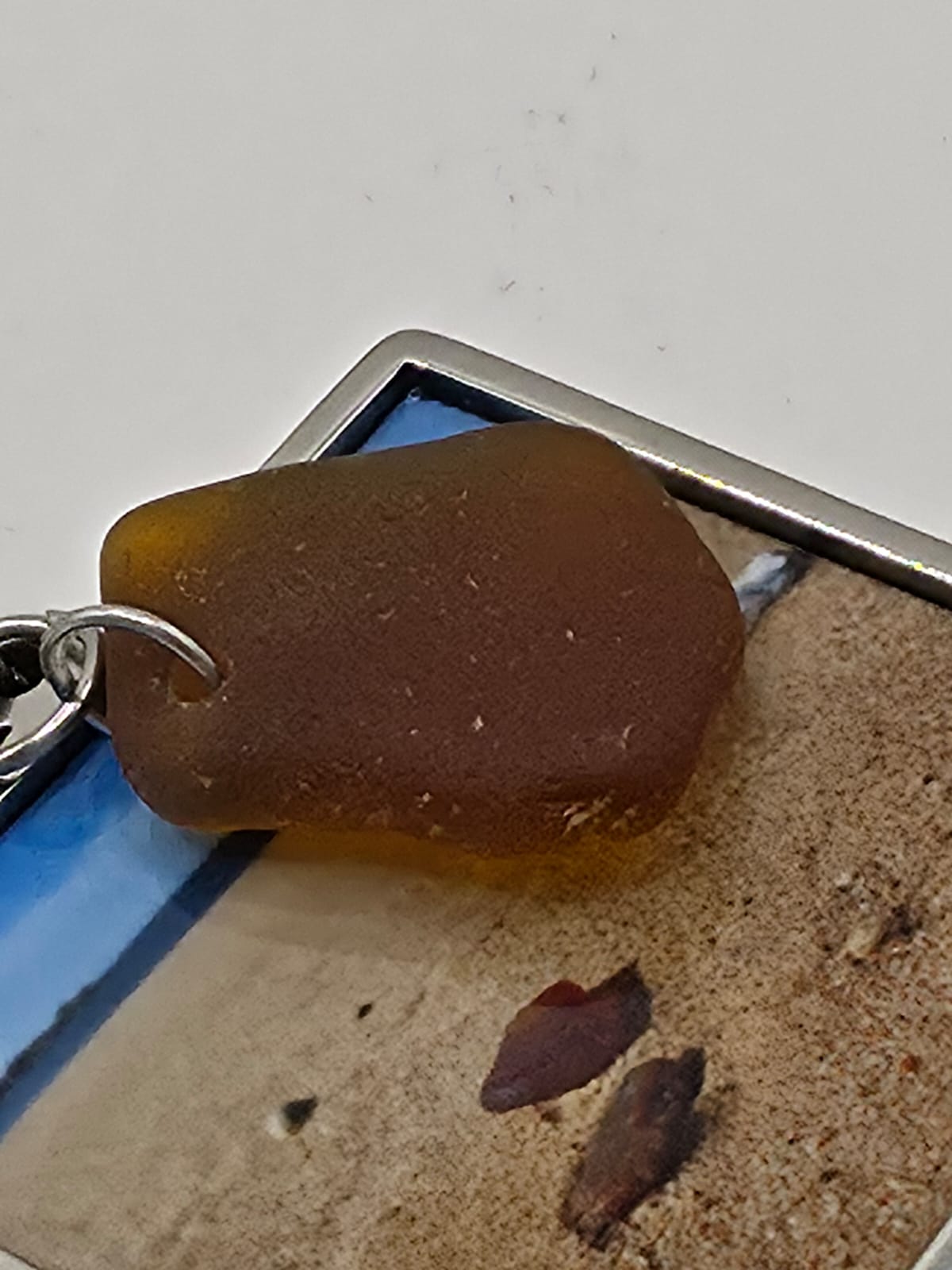 Real Sea Glass Pendant Necklace with Found Location Beach Photo, Stainless Steel Chain and Bezel