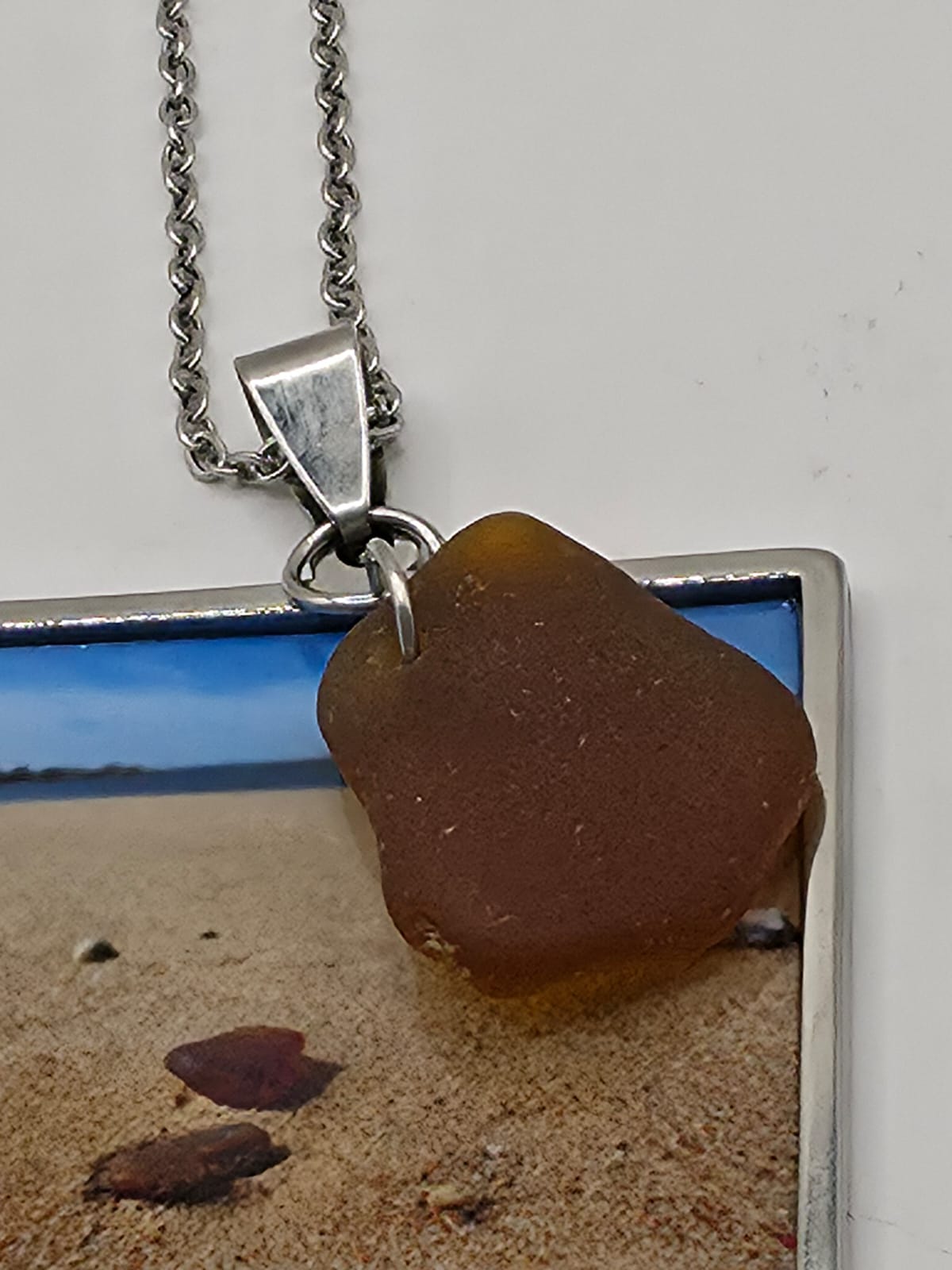 Real Sea Glass Pendant Necklace with Found Location Beach Photo, Stainless Steel Chain and Bezel