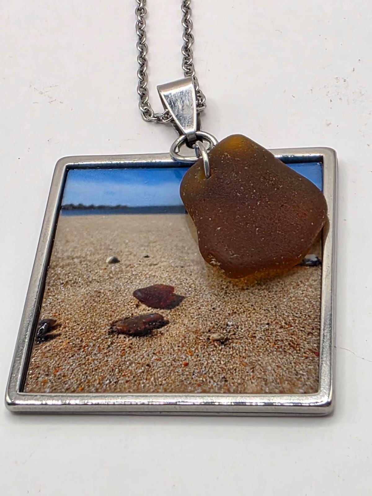 Real Sea Glass Pendant Necklace with Found Location Beach Photo, Stainless Steel Chain and Bezel