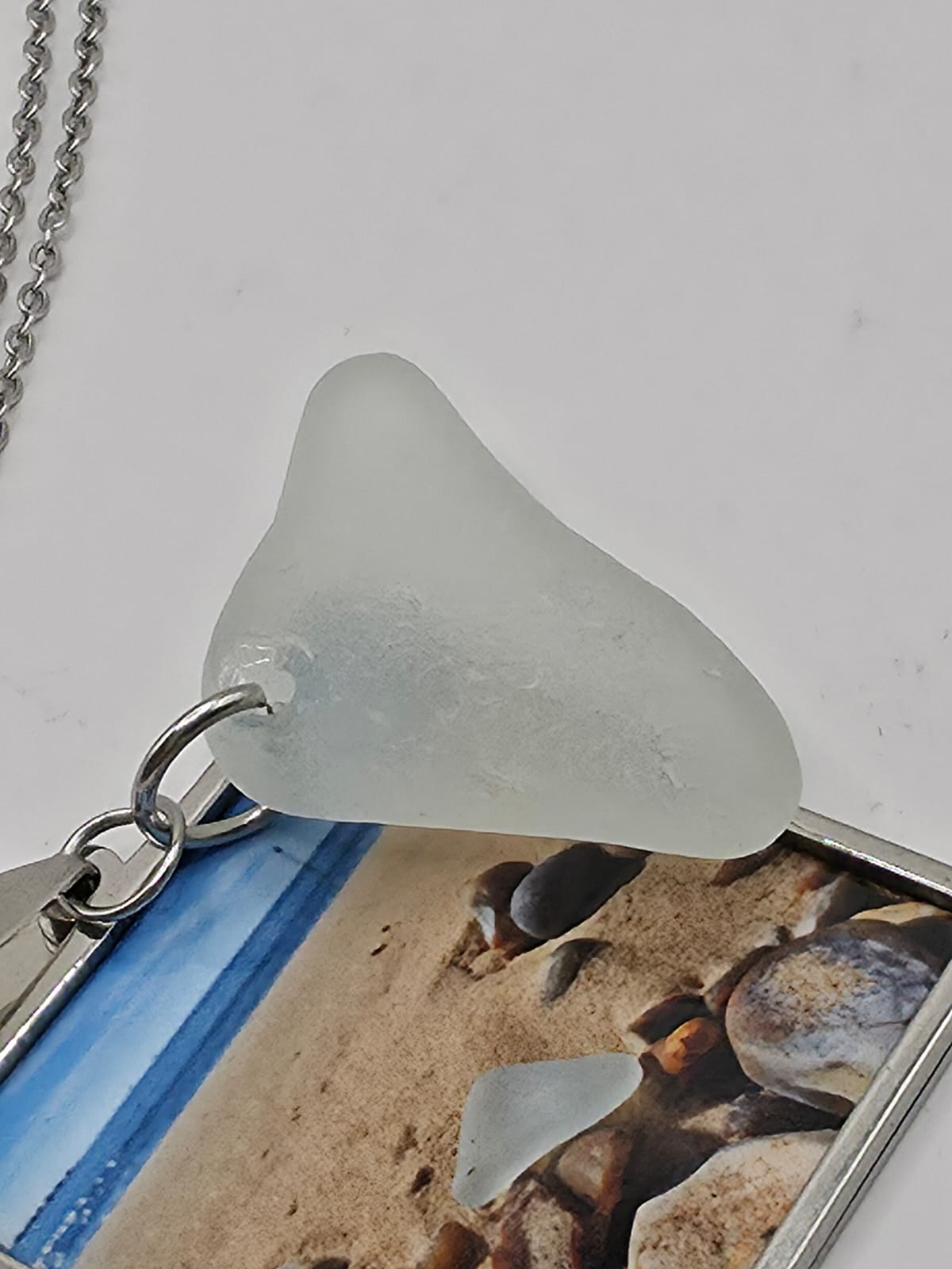 Real Sea Glass Pendant Necklace with Found Location Beach Photo, Stainless Steel Chain and Bezel