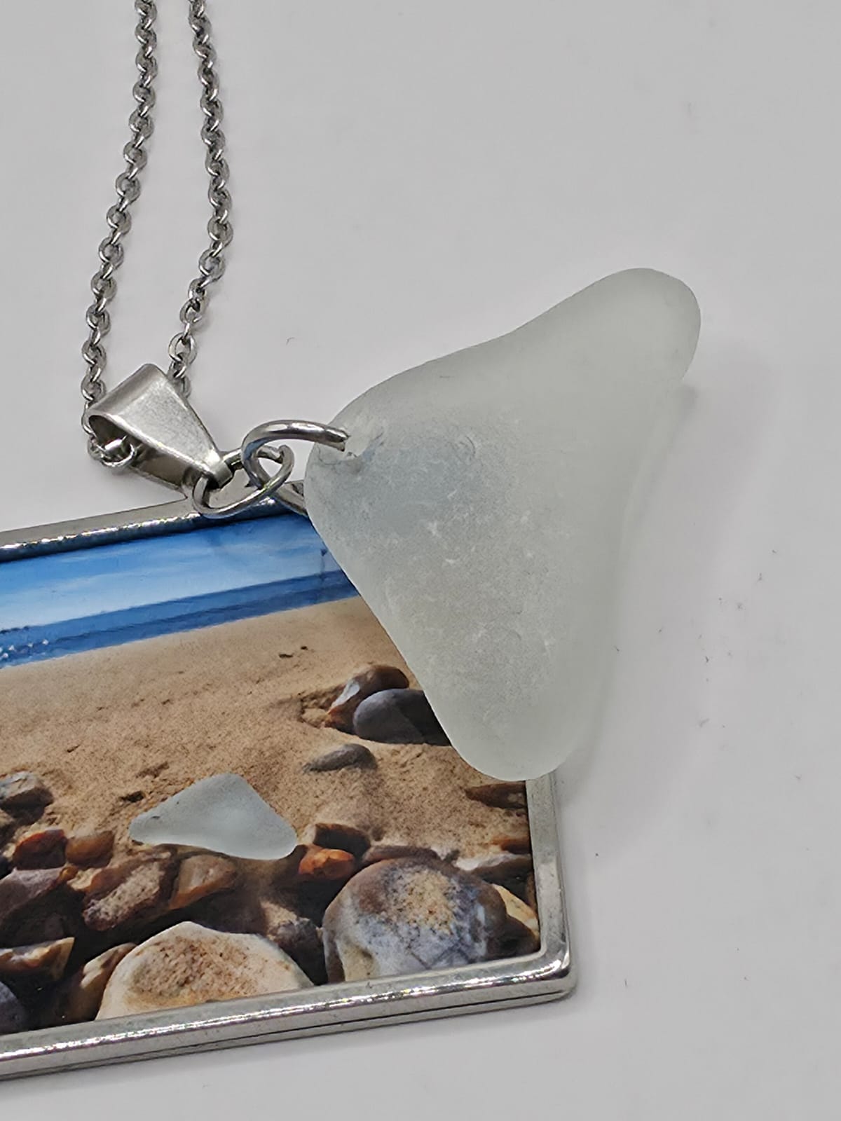 Real Sea Glass Pendant Necklace with Found Location Beach Photo, Stainless Steel Chain and Bezel