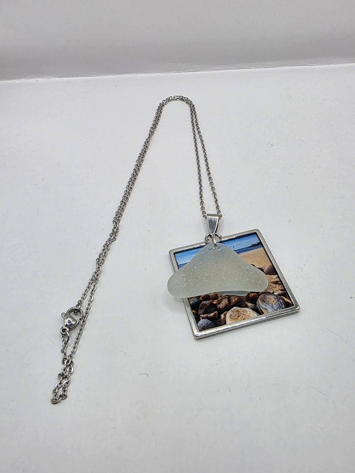 Real Sea Glass Pendant Necklace with Found Location Beach Photo, Stainless Steel Chain and Bezel