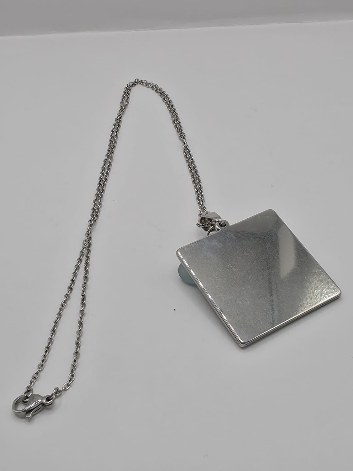 Real Sea Glass Pendant Necklace with Found Location Beach Photo, Stainless Steel Chain and Bezel