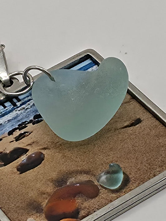 Real Sea Glass Pendant Necklace with Found Location Beach Photo, Stainless Steel Chain and Bezel