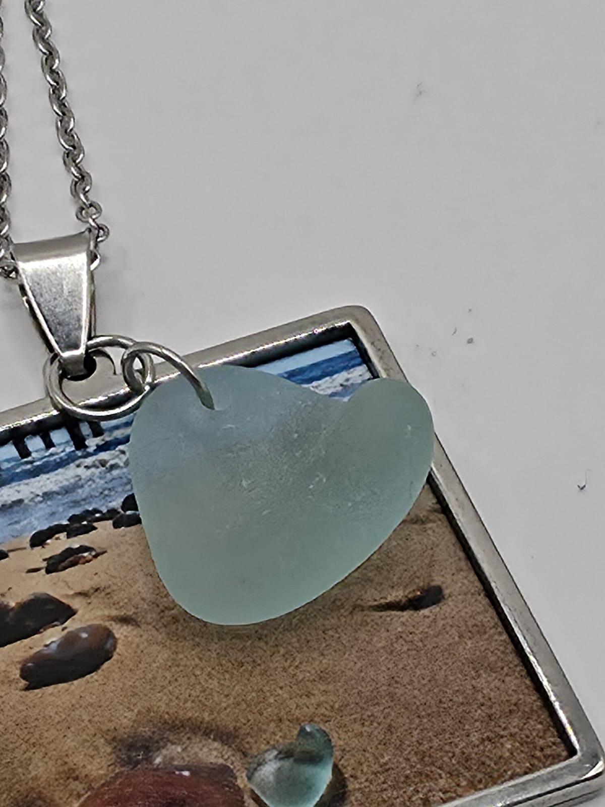 Real Sea Glass Pendant Necklace with Found Location Beach Photo, Stainless Steel Chain and Bezel