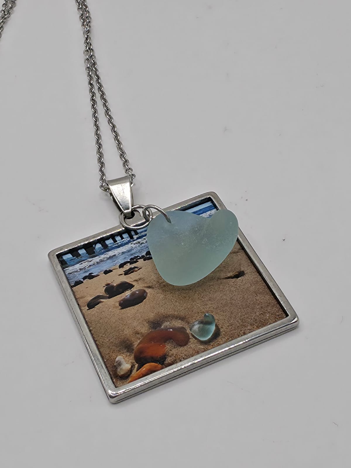 Real Sea Glass Pendant Necklace with Found Location Beach Photo, Stainless Steel Chain and Bezel