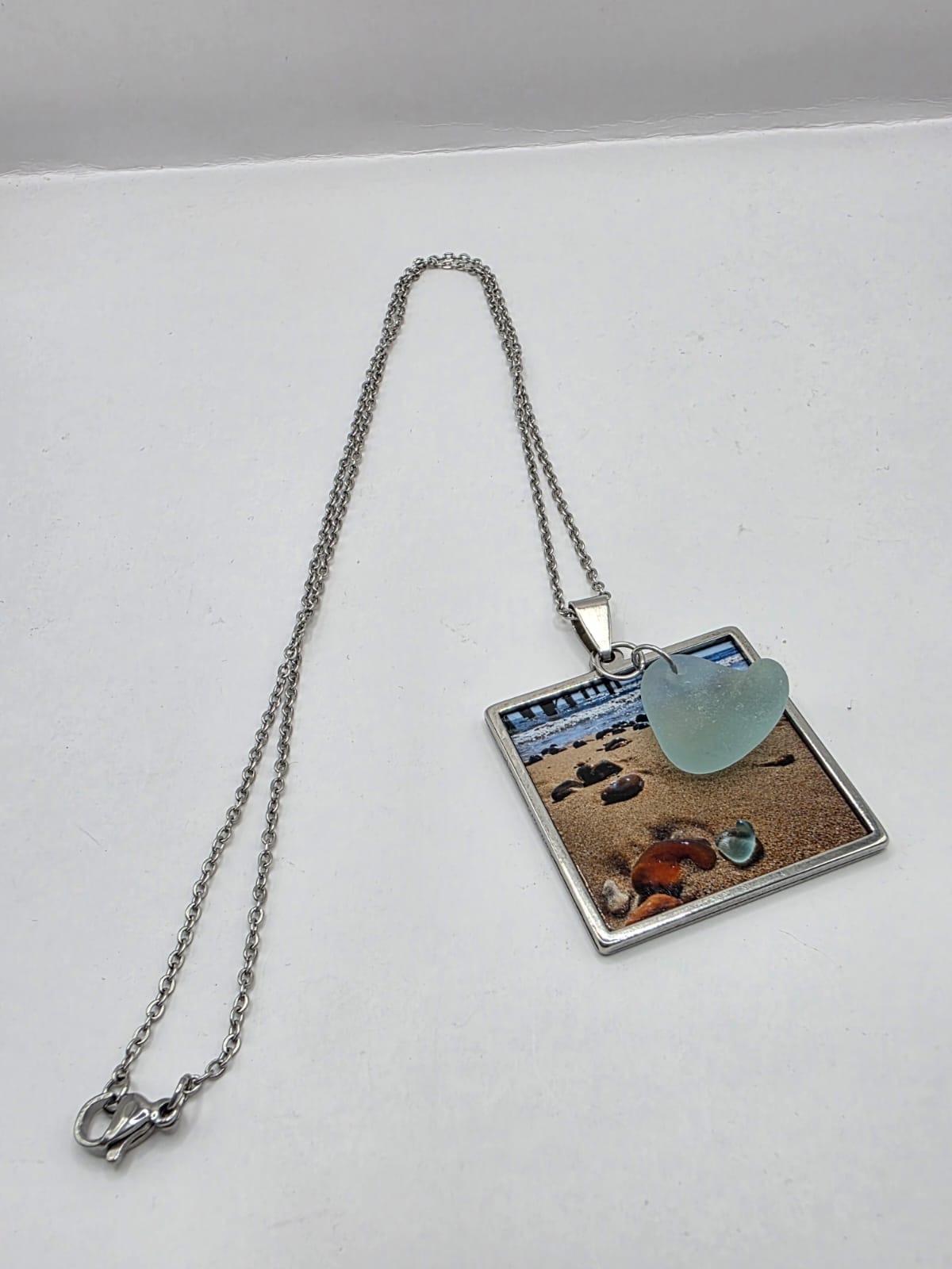 Real Sea Glass Pendant Necklace with Found Location Beach Photo, Stainless Steel Chain and Bezel