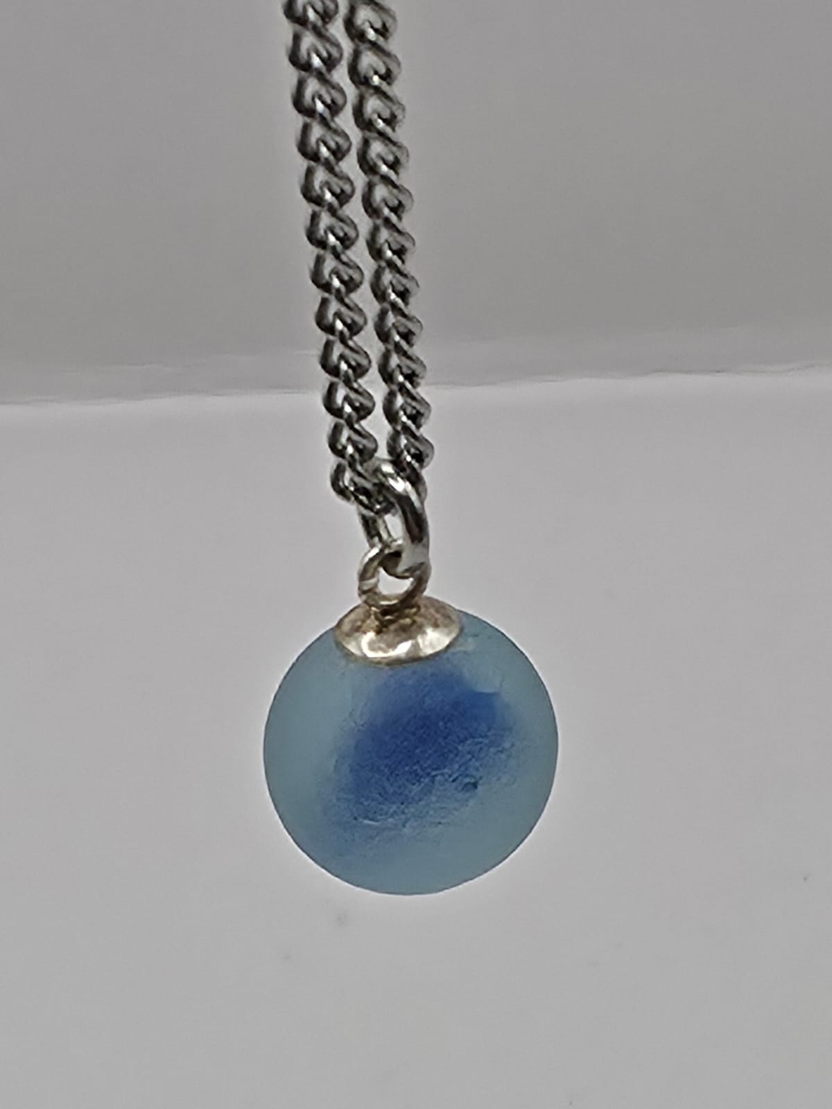 Genuine Sea Glass Blue Marble Necklace, Frosted Pendant on a stainless steel chain. Each piece is a one-of-a-kind