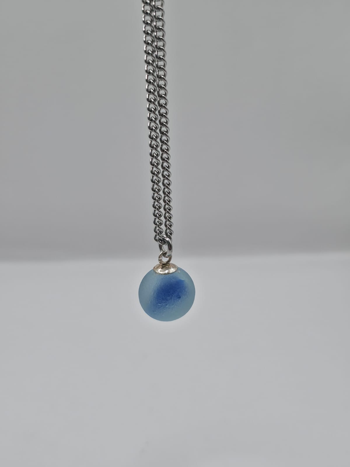 Genuine Sea Glass Blue Marble Necklace, Frosted Pendant on a stainless steel chain. Each piece is a one-of-a-kind