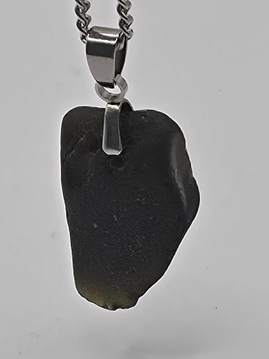 Genuine Black Sea Glass Pendant Necklace on stainless steel chain. Each piece is a one-of-a-kind
