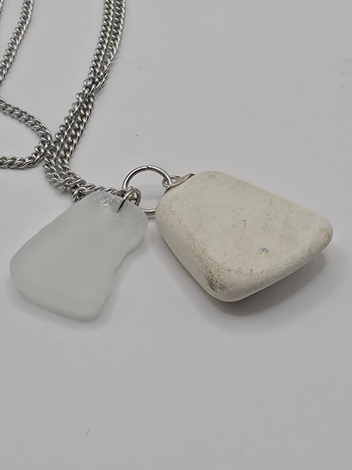 Genuine Sea Glass and Sea Pottery Pendant Necklace on stainless steel chain. Each piece is a one-of-a-kind