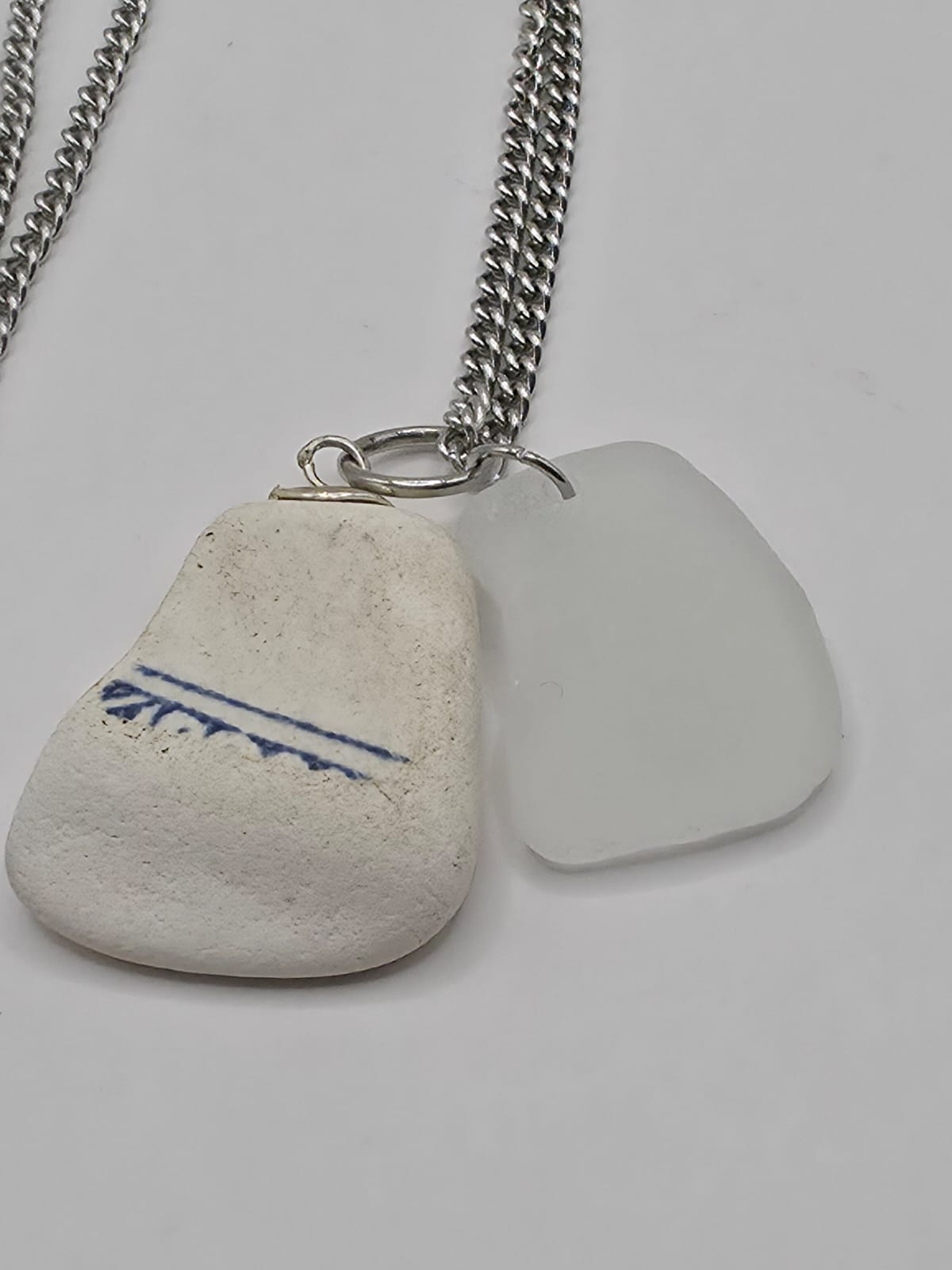 Genuine Sea Glass and Sea Pottery Pendant Necklace on stainless steel chain. Each piece is a one-of-a-kind