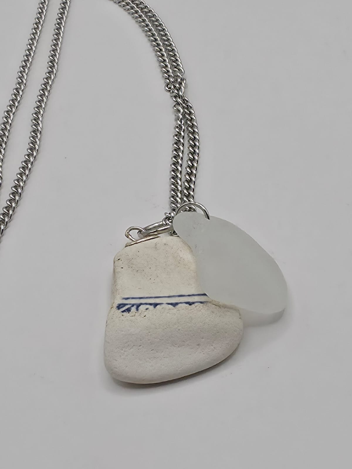 Genuine Sea Glass and Sea Pottery Pendant Necklace on stainless steel chain. Each piece is a one-of-a-kind