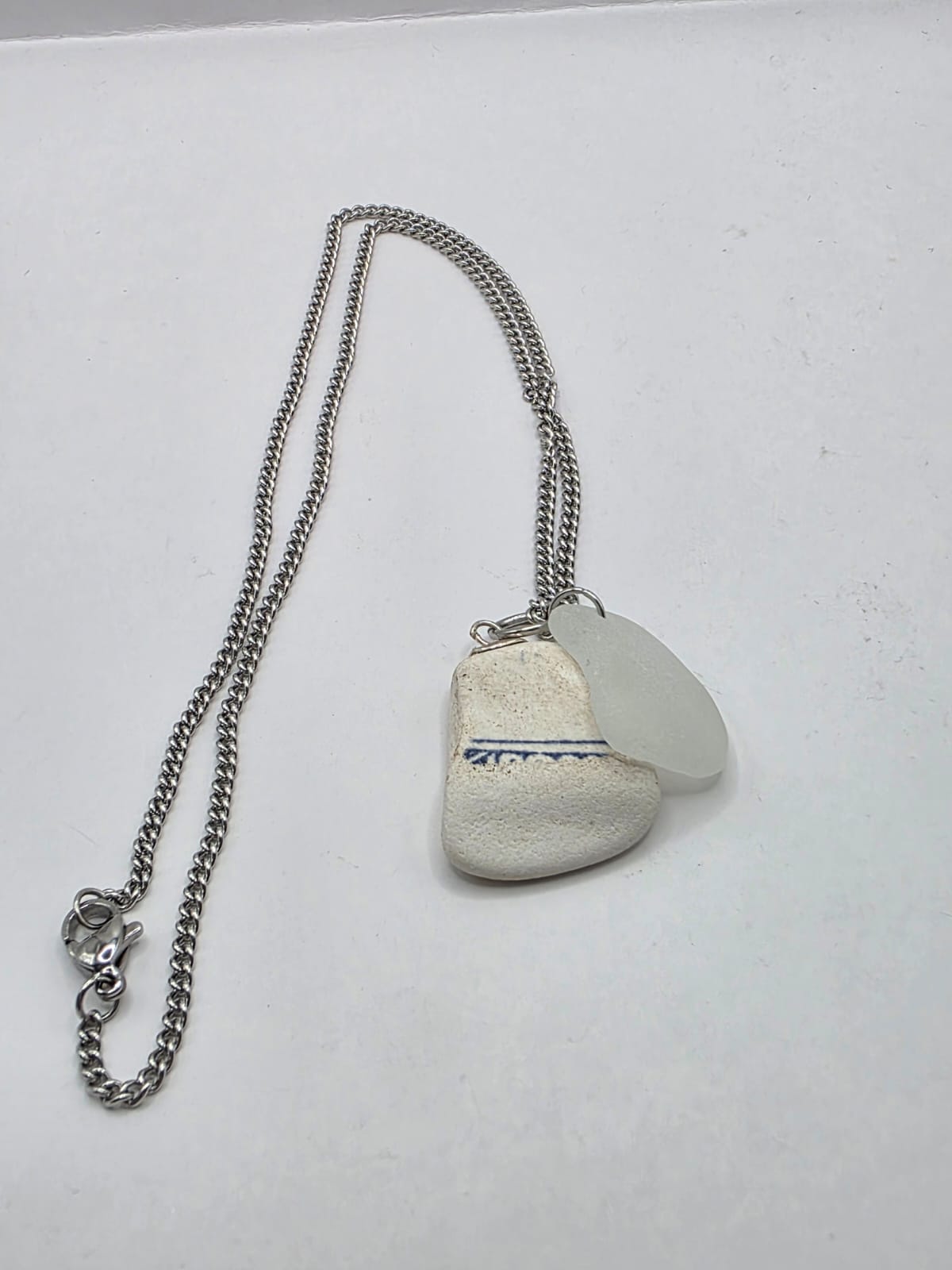 Genuine Sea Glass and Sea Pottery Pendant Necklace on stainless steel chain. Each piece is a one-of-a-kind