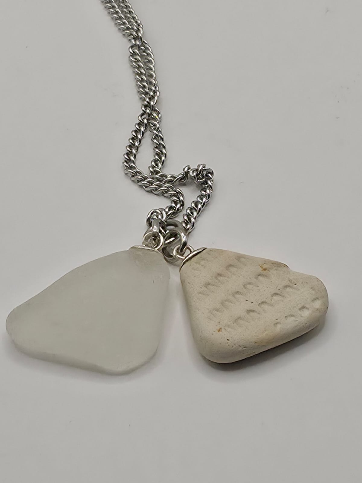 Genuine Sea Glass and Sea Pottery Necklace on stainless steel chain. Each piece is a one-of-a-kind