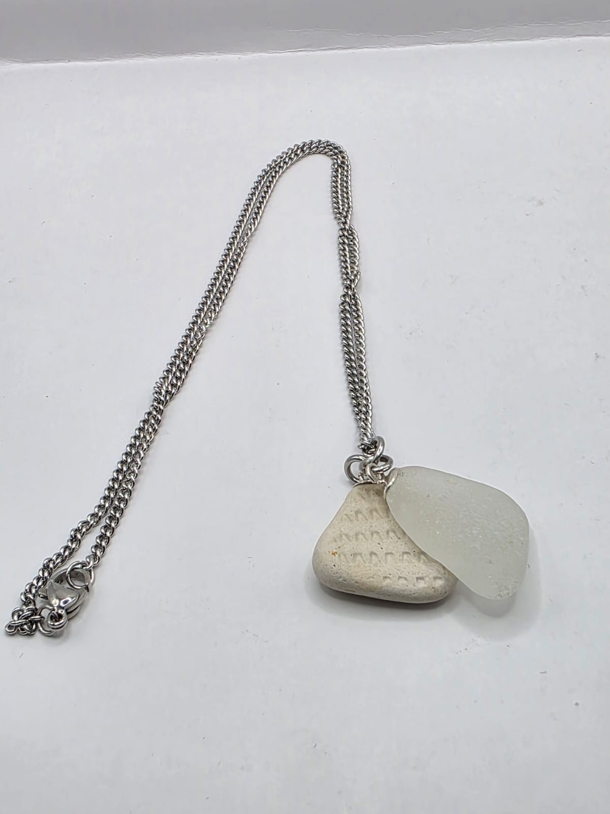 Genuine Sea Glass and Sea Pottery Necklace on stainless steel chain. Each piece is a one-of-a-kind