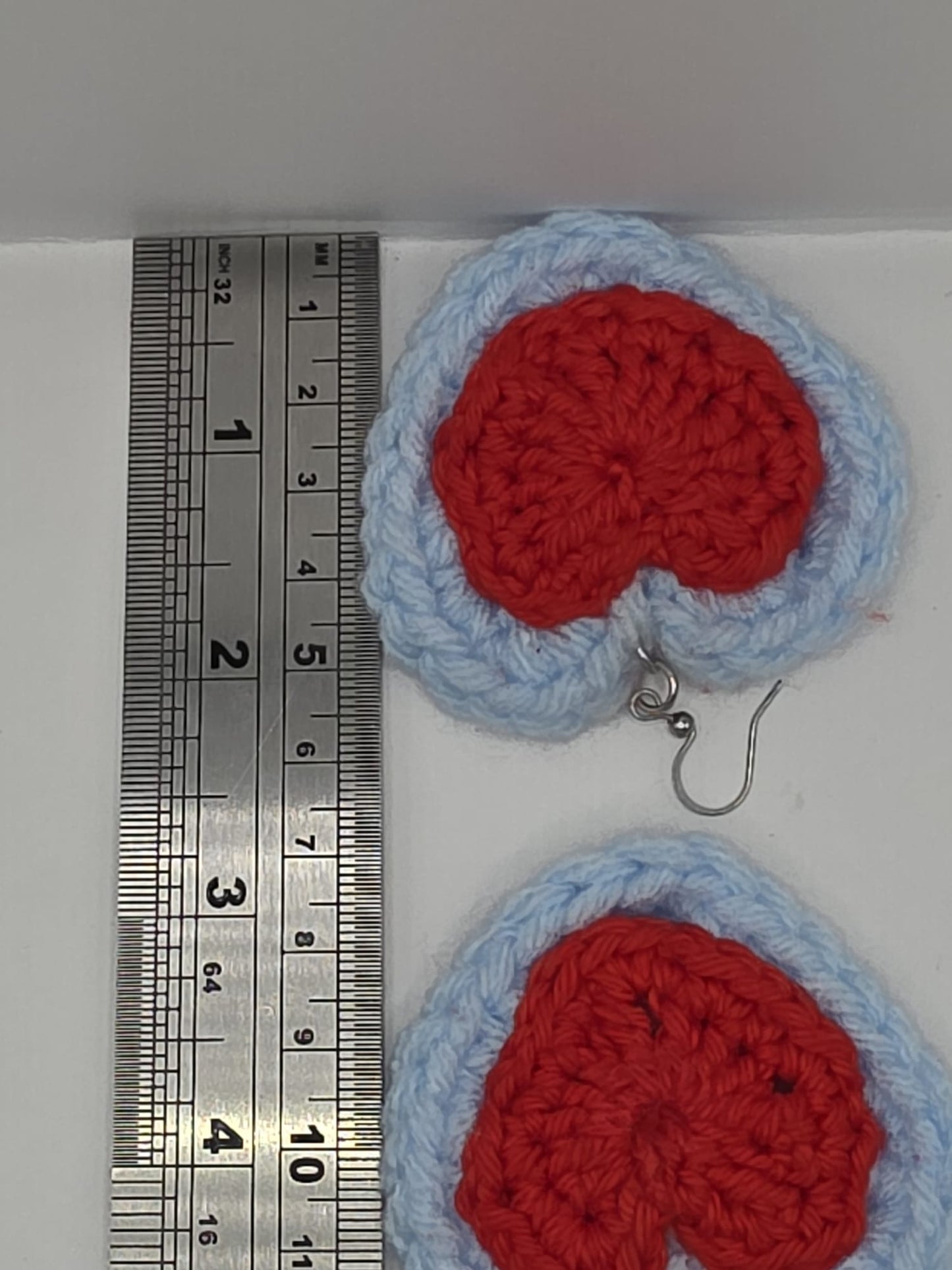 Handmade Crochet Red & Blue Heart Dangle Earrings On Stainless Steel