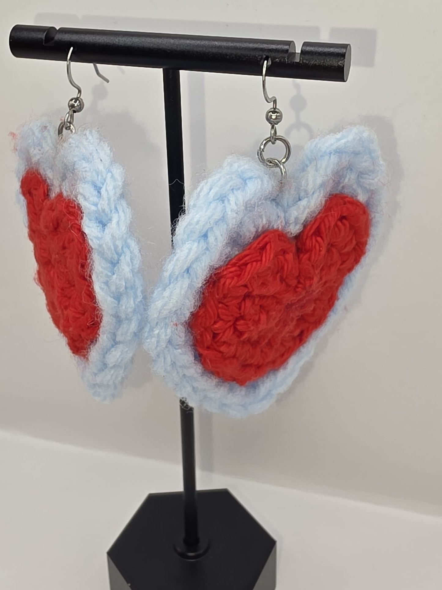 Handmade Crochet Red & Blue Heart Dangle Earrings On Stainless Steel