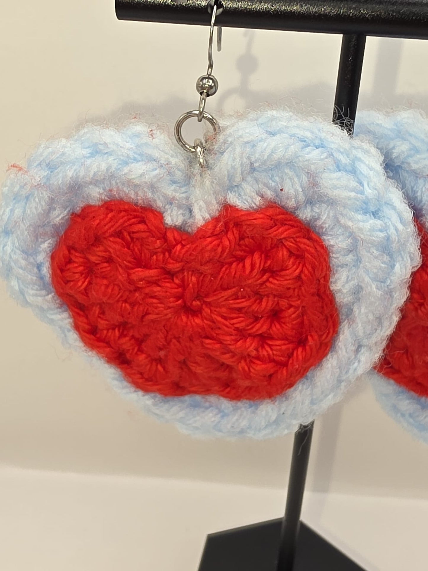 Handmade Crochet Red & Blue Heart Dangle Earrings On Stainless Steel