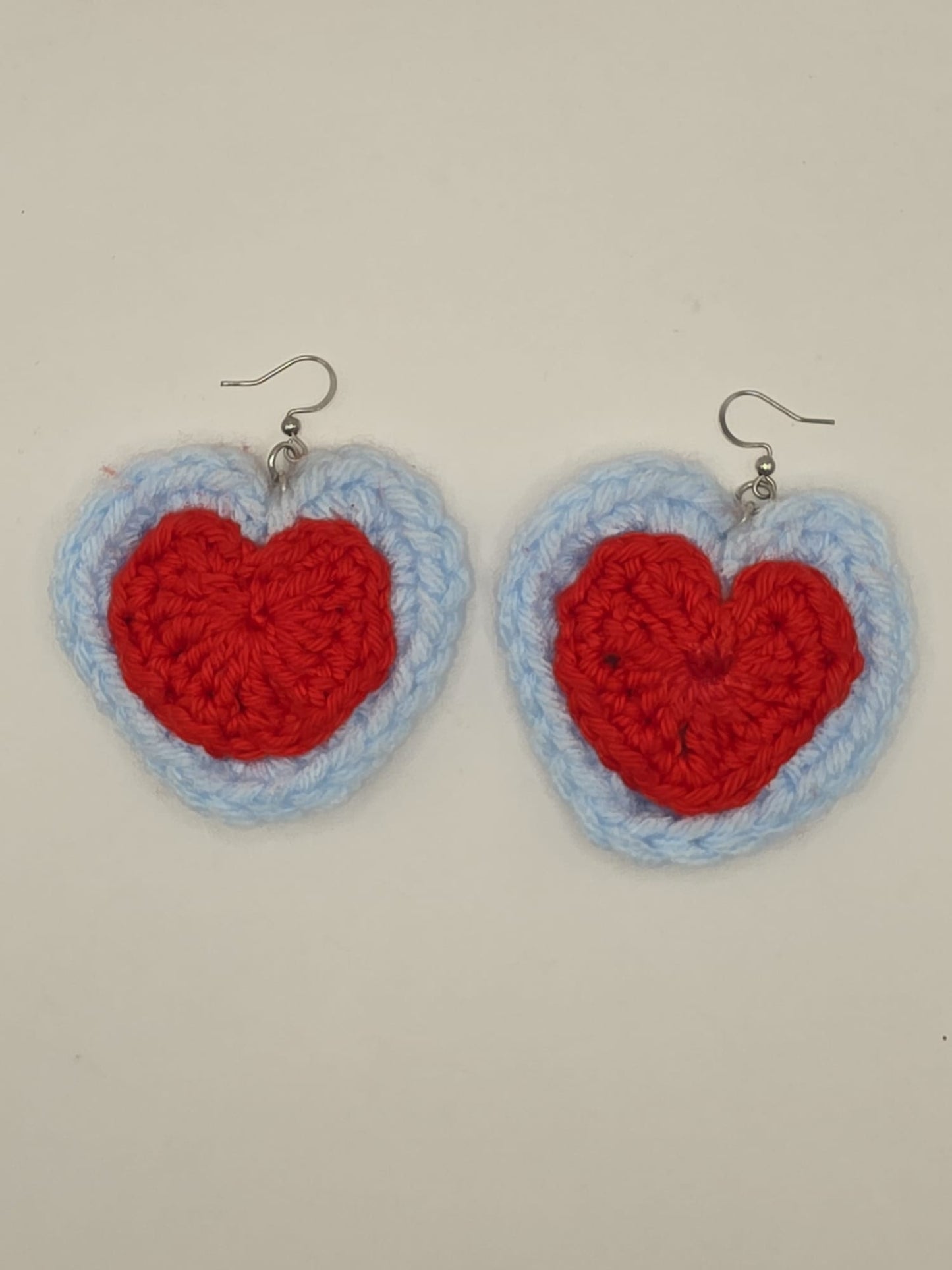 Handmade Crochet Red & Blue Heart Dangle Earrings On Stainless Steel