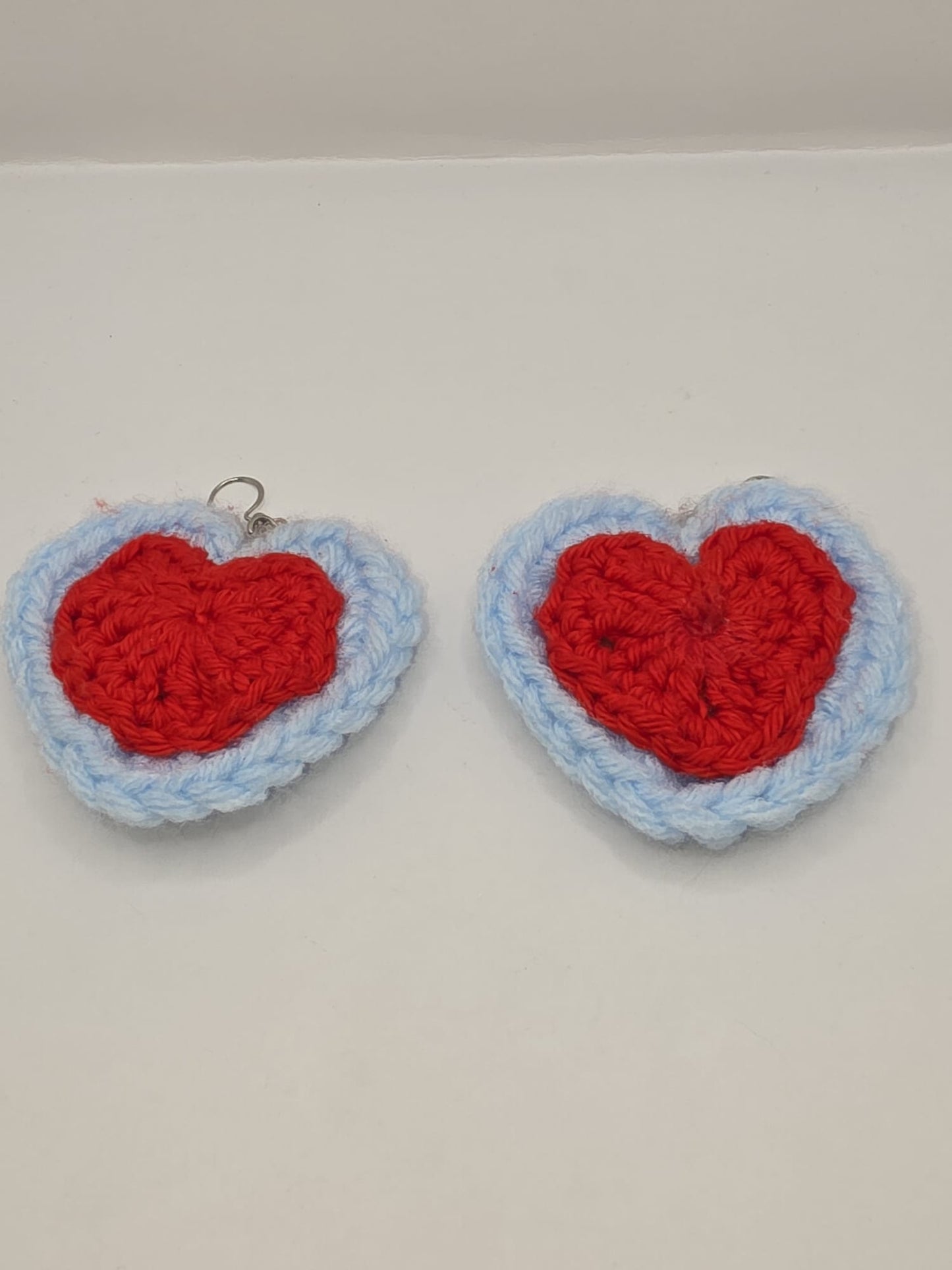 Handmade Crochet Red & Blue Heart Dangle Earrings On Stainless Steel