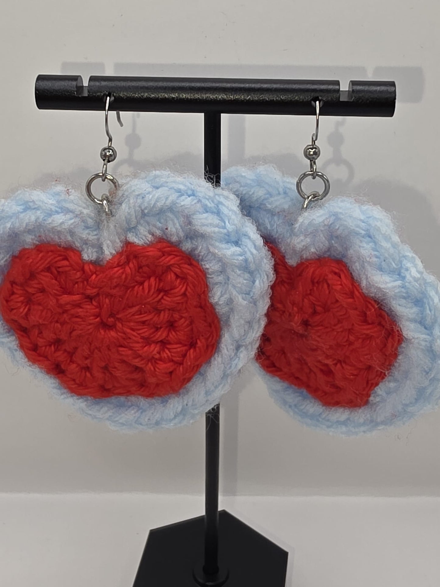 Handmade Crochet Red & Blue Heart Dangle Earrings On Stainless Steel