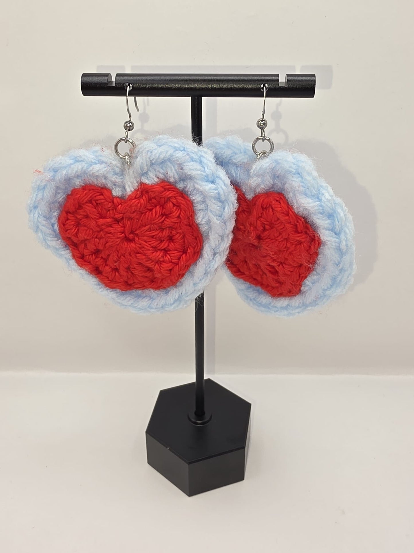 Handmade Crochet Red & Blue Heart Dangle Earrings On Stainless Steel