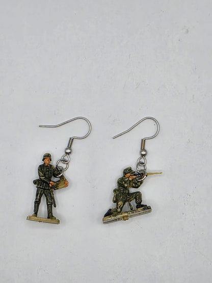 Vintage Upcycle Toy Soldier Drop Earrings on Stainless Steel Hooks