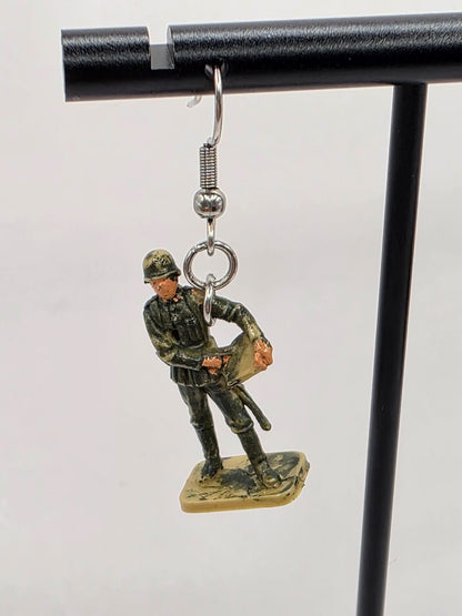Vintage Upcycle Toy Soldier Drop Earrings on Stainless Steel Hooks