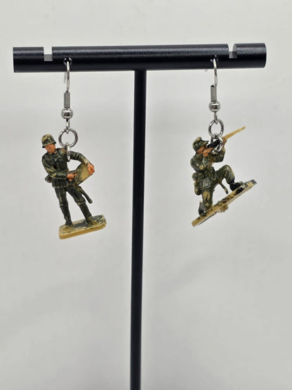 Vintage Upcycle Toy Soldier Drop Earrings on Stainless Steel Hooks