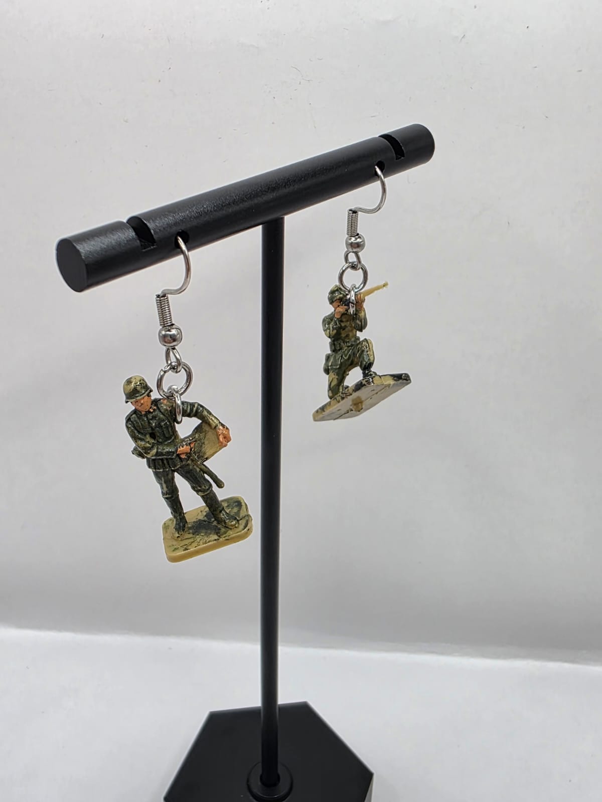 Vintage Upcycle Toy Soldier Drop Earrings on Stainless Steel Hooks