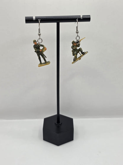 Vintage Upcycle Toy Soldier Drop Earrings on Stainless Steel Hooks