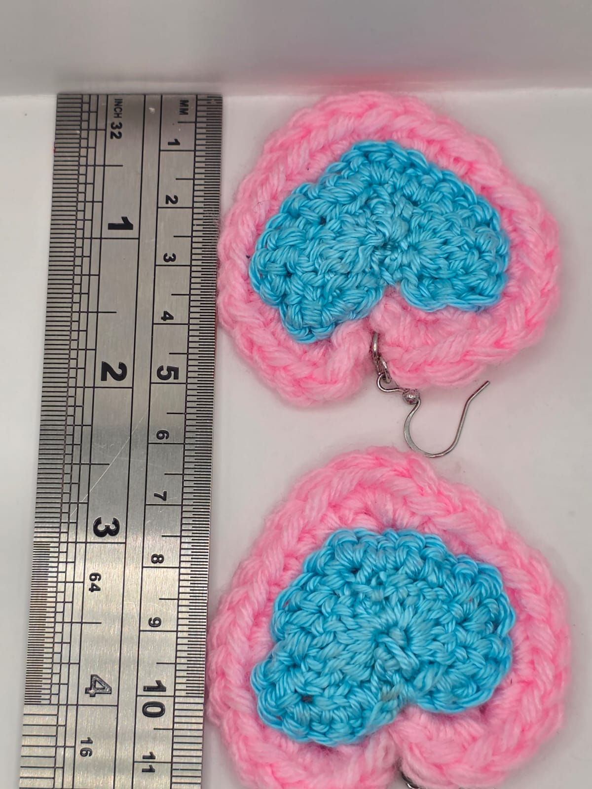Handmade Crochet Blue & Pink Heart Dangle Earrings On Stainless Steel