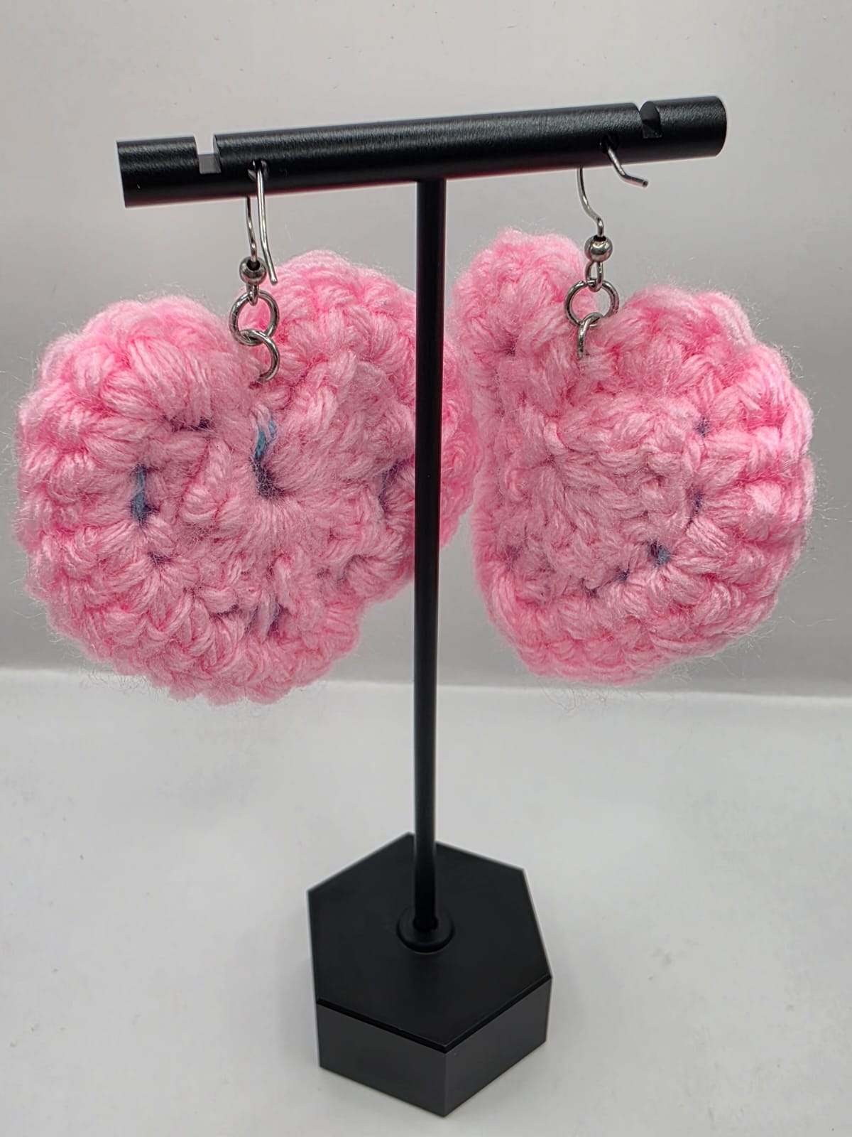 Handmade Crochet Blue & Pink Heart Dangle Earrings On Stainless Steel