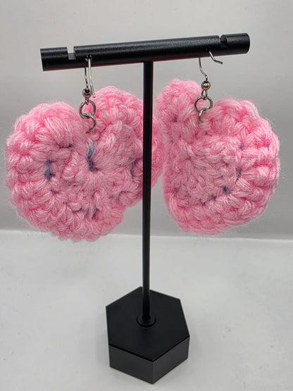 Handmade Crochet Blue & Pink Heart Dangle Earrings On Stainless Steel