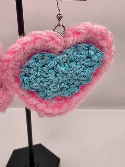 Handmade Crochet Blue & Pink Heart Dangle Earrings On Stainless Steel