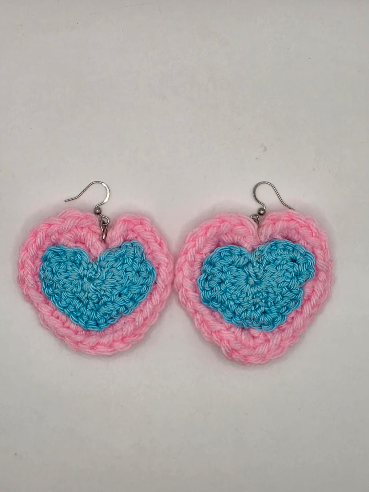 Handmade Crochet Blue & Pink Heart Dangle Earrings On Stainless Steel