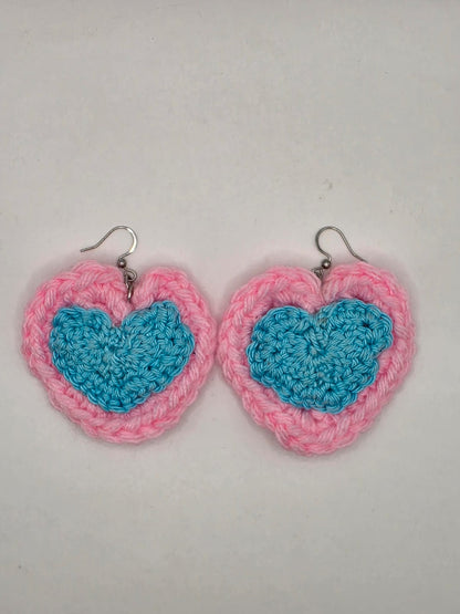 Handmade Crochet Blue & Pink Heart Dangle Earrings On Stainless Steel