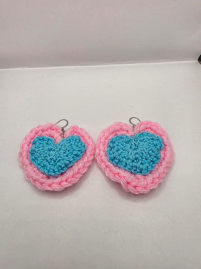 Handmade Crochet Blue & Pink Heart Dangle Earrings On Stainless Steel