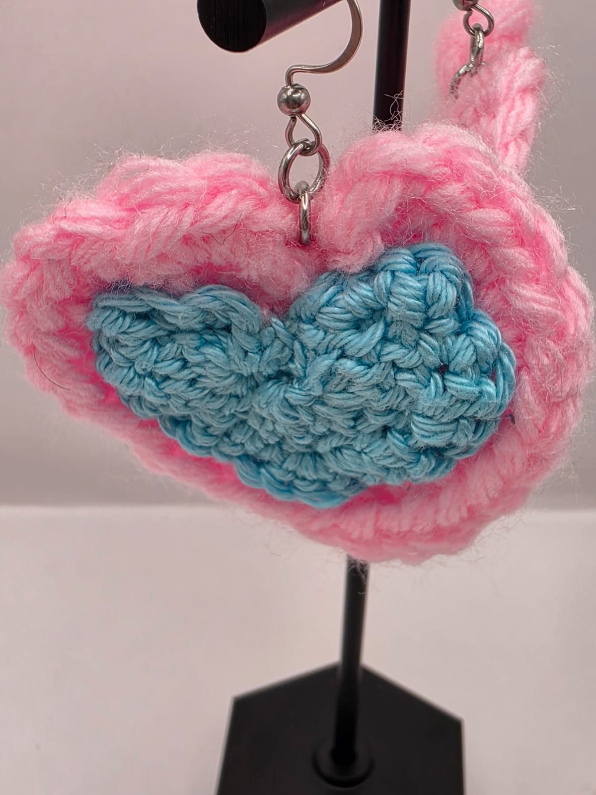Handmade Crochet Blue & Pink Heart Dangle Earrings On Stainless Steel