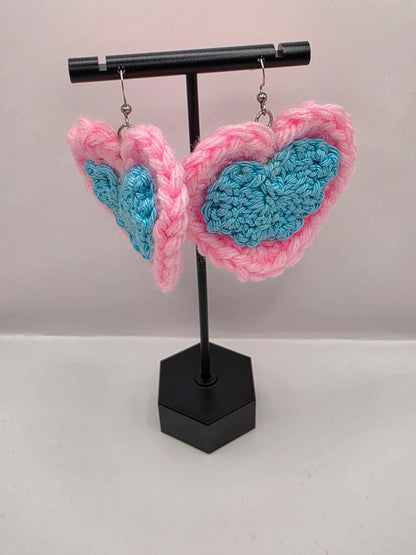 Handmade Crochet Blue & Pink Heart Dangle Earrings On Stainless Steel