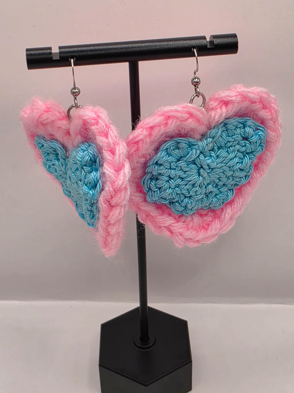 Handmade Crochet Blue & Pink Heart Dangle Earrings On Stainless Steel