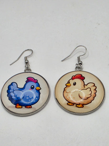 Stardew Valley Inspired Blue Chicken & White Chicken 30 mm Dangle Earrings