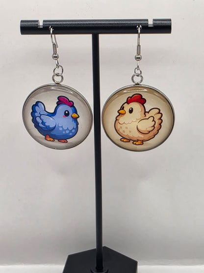 Stardew Valley Inspired Blue Chicken & White Chicken 30 mm Dangle Earrings