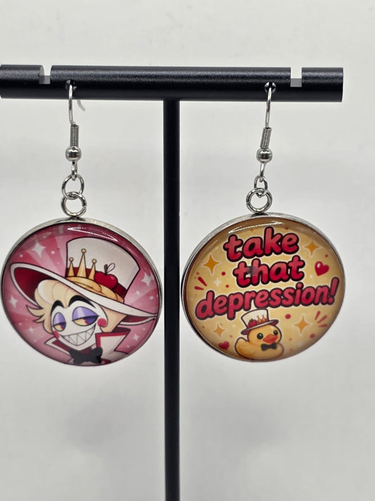 Hazbin Hotel Inspired Lucifer & Take That Depression 30 mm Dangle Earrings