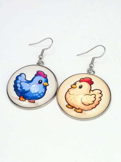 Stardew Valley Inspired Blue & White Chicken Dangle Fish Hook Earrings