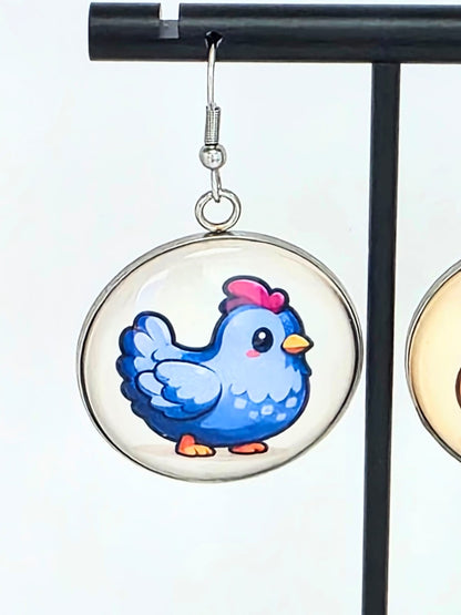 Stardew Valley Inspired Blue & White Chicken Dangle Fish Hook Earrings