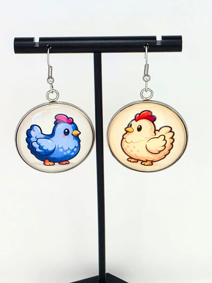 Stardew Valley Inspired Blue & White Chicken Dangle Fish Hook Earrings