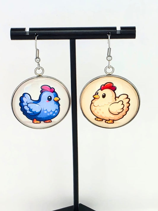 Stardew Valley Inspired Blue & White Chicken Dangle Fish Hook Earrings